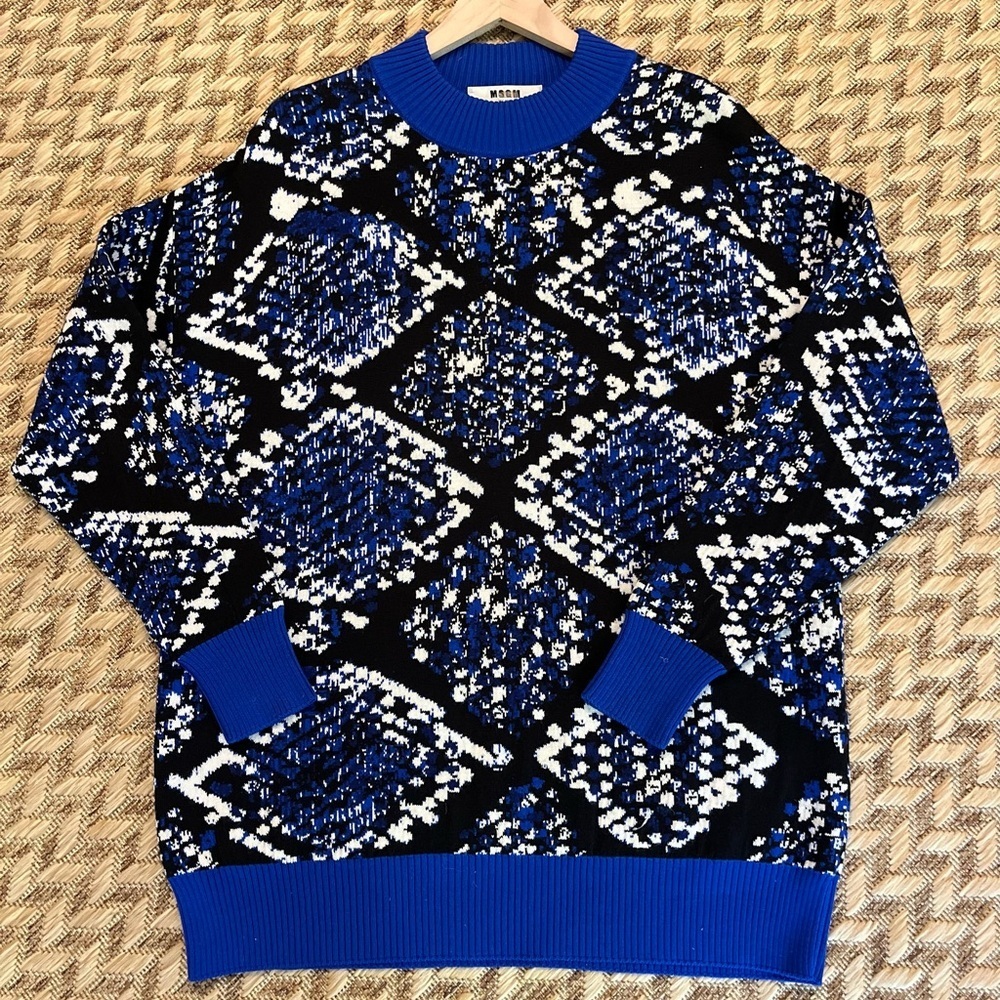 MSGM Sweater - Women's Medium Blue Black - Crewneck Python Knit Long Sleeved